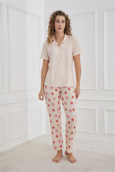 Kadın Desenli Polo Yaka Likralı Pijama Takım | Somon 70110-1223