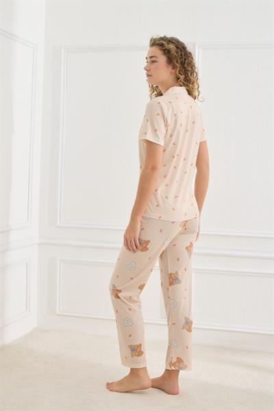 Kadın Desenli Polo Yaka Likralı Pijama Takım | Bej 70110-858