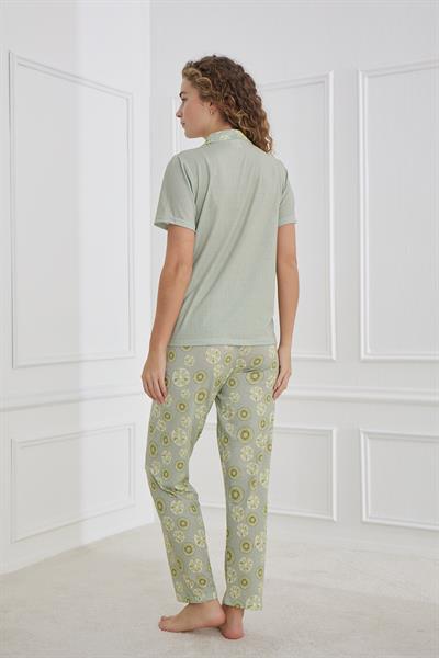 Kadın Likralı Süprem Önden Düğmeli Pijama Takım | 70110-1222
