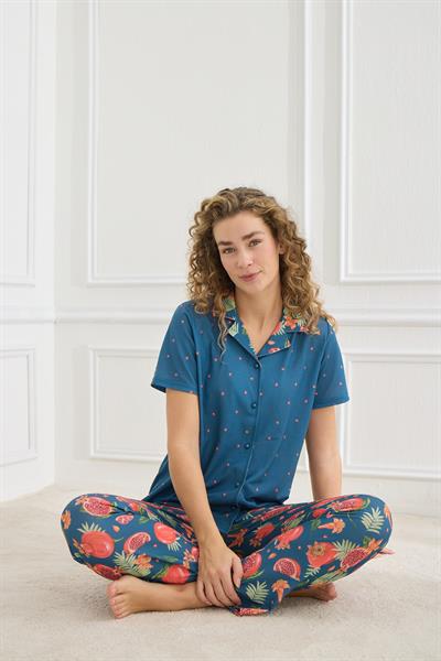 Kadın Desenli Polo Yaka Likralı Pijama Takım | İndigo 70110-855