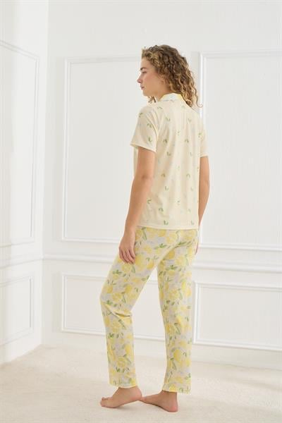 Kadın Limon Desenli Polo Yaka Likralı Süprem Pijama Takım | Sarı 70110-856