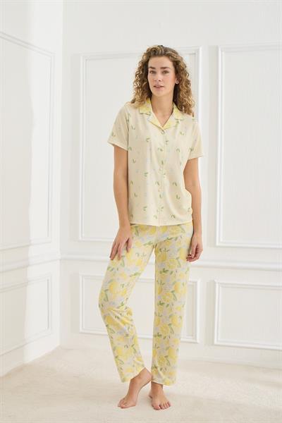 Kadın Limon Desenli Polo Yaka Likralı Süprem Pijama Takım | Sarı 70110-856