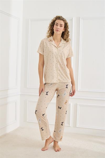 Kadın Desenli Polo Yaka Likralı Pijama Takım | Bej 70110-918