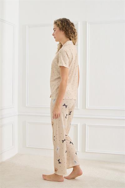 Kadın Desenli Polo Yaka Likralı Pijama Takım | Bej 70110-918