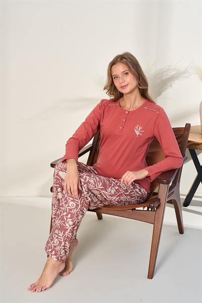 Kadın Likralı Süprem Desenli Önü Patlı Pijama Takım | Nar Çiçeği 3139