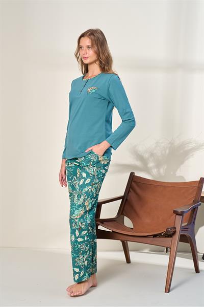 Kadın Likralı Süprem Önü Patlı Pijama Takımı | Petrol 3128