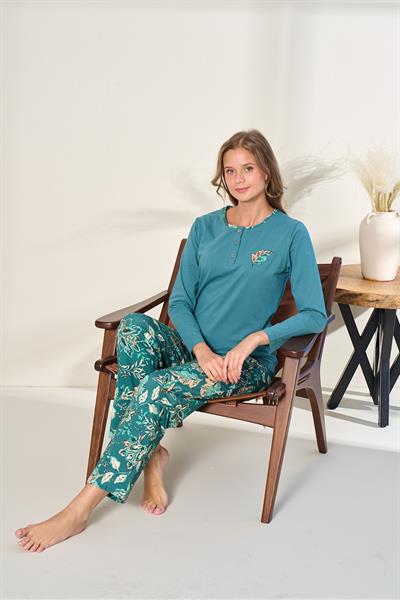 Kadın Likralı Süprem Önü Patlı Pijama Takımı | Petrol 3128