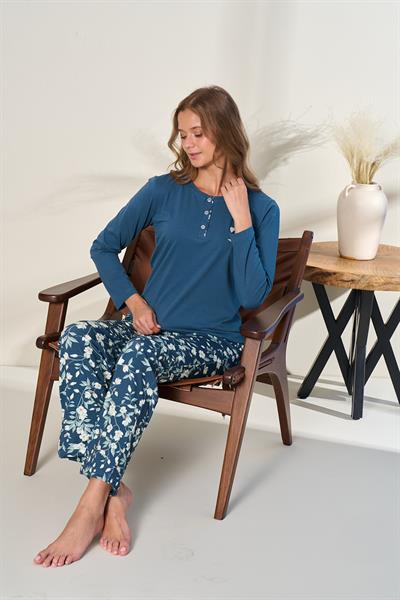 Kadın Likralı Süprem Desenli Önü Patlı Pijama Takım | Petrol 3135