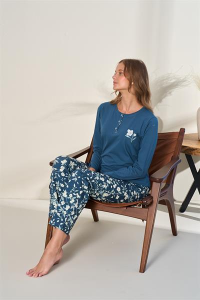 Kadın Likralı Süprem Desenli Önü Patlı Pijama Takım | Petrol 3135