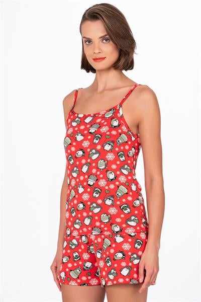 Kadın Kırmızı Desenli İp Askılı Şortlu Pijama Takımı