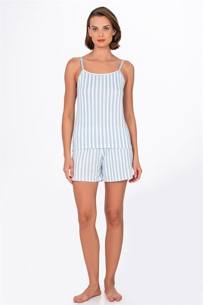Kadın Mavi Çizgili İp Askılı Şortlu Pijama Takımı