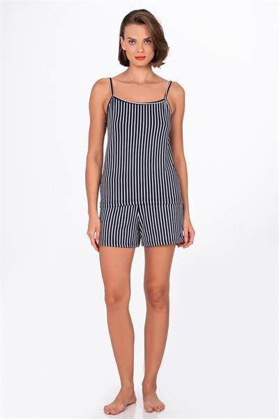 Kadın Lacivert Çizgili İp Askılı Şortlu Pijama Takımı