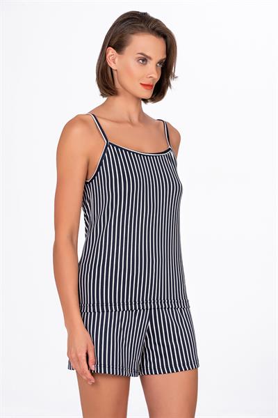 Kadın Lacivert Çizgili İp Askılı Şortlu Pijama Takımı