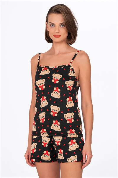 Kadın Kalpli Ayıcık Desenli İp Askılı Şortlu Pijama Takımı