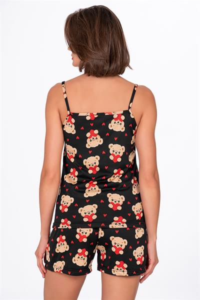 Kadın Kalpli Ayıcık Desenli İp Askılı Şortlu Pijama Takımı