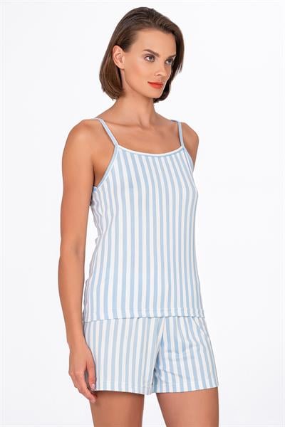 Kadın Mavi Çizgili İp Askılı Şortlu Pijama Takımı