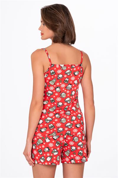 Kadın Kırmızı Desenli İp Askılı Şortlu Pijama Takımı