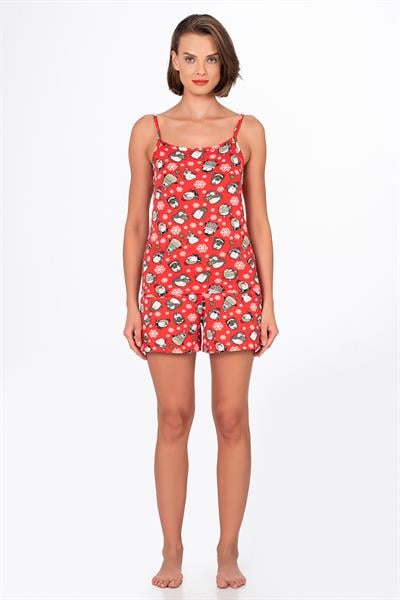 Kadın Kırmızı Desenli İp Askılı Şortlu Pijama Takımı