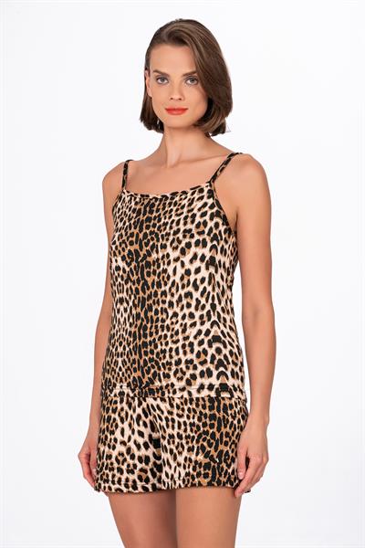 Kadın Koyu Leopar Desenli İp Askılı Şortlu Pijama Takımı
