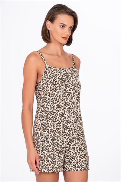 Kadın Leopar Desenli İp Askılı Şortlu Pijama Takımı