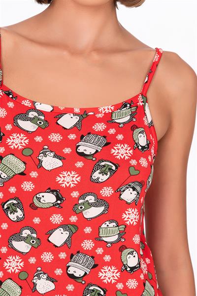 Kadın Kırmızı Desenli İp Askılı Şortlu Pijama Takımı