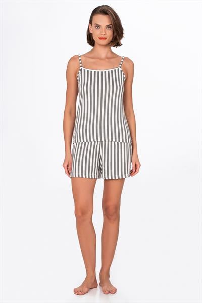 Kadın Çizgili İp Askılı Şortlu Pijama Takımı