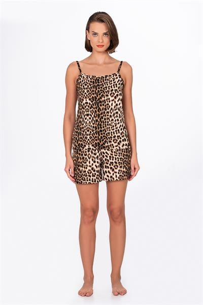 Kadın Koyu Leopar Desenli İp Askılı Şortlu Pijama Takımı