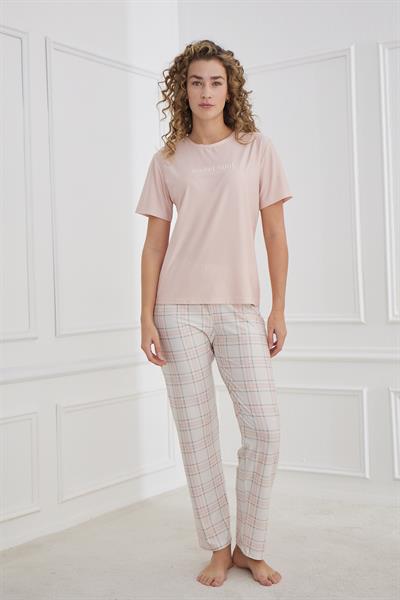 Kadın Ekose Desenli Bisiklet Yaka Pijama Takım | Pudra 30102-1285