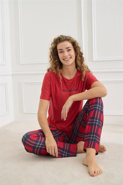 Kadın Ekose Desenli Bisiklet Yaka Pijama Takım | Kırmızı 30102-598