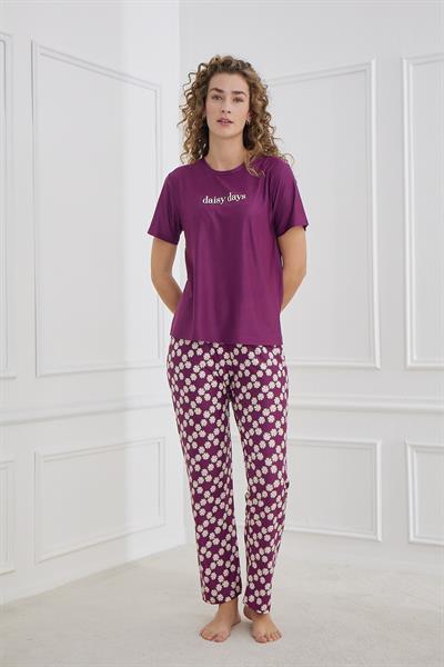 Kadın Papatya Desenli Bisiklet Yaka Pijama Takım | Mor 30102-1284