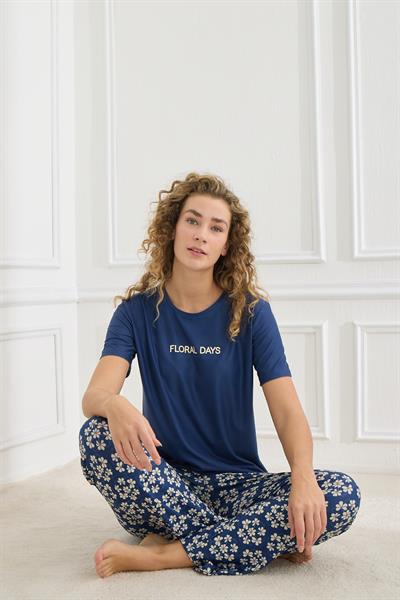 Kadın Çiçek Desenli Bisiklet Yaka Pijama Takım | Lacivert  30102-963