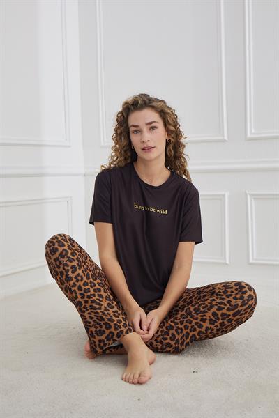 Kadın Leopar Desenli Bisiklet Yaka Pijama Takım | Siyah 30102-1287