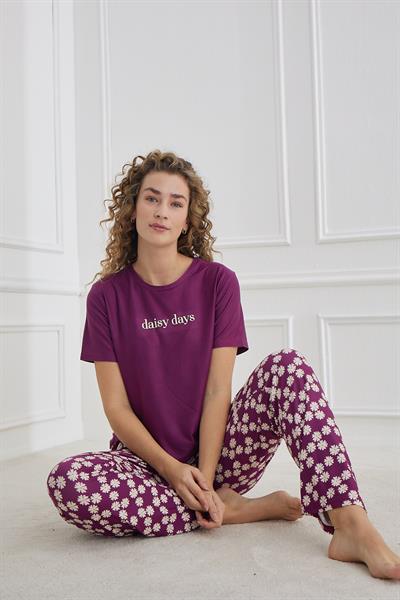 Kadın Papatya Desenli Bisiklet Yaka Pijama Takım | Mor 30102-1284