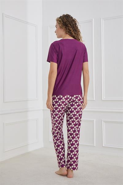 Kadın Papatya Desenli Bisiklet Yaka Pijama Takım | Mor 30102-1284