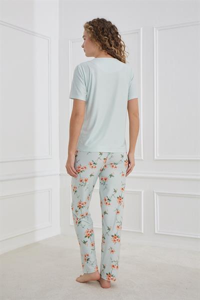 Kadın Çiçek Desenli Bisiklet Yaka Pijama Takım | Mint 30102-1286