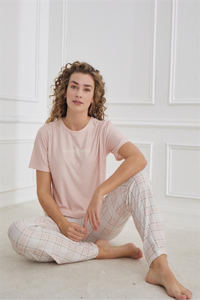 Kadın Ekose Desenli Bisiklet Yaka Pijama Takım | Pudra 30102-1285