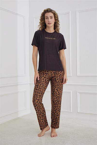 Kadın Leopar Desenli Bisiklet Yaka Pijama Takım | Siyah 30102-1287