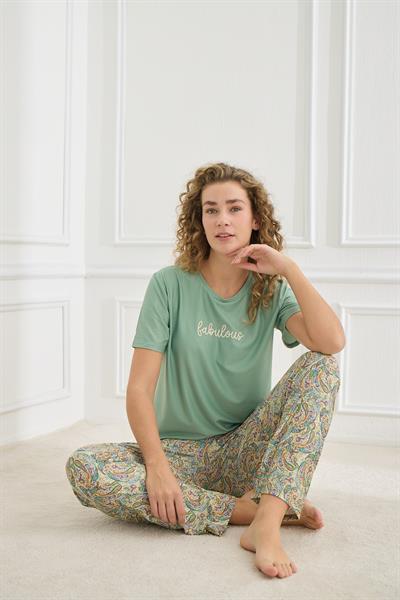 Kadın Şal Desenli Bisiklet Yaka Pijama Takım | Mint 30102-964