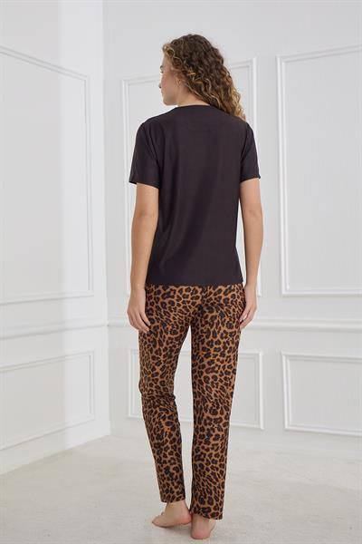 Kadın Leopar Desenli Bisiklet Yaka Pijama Takım | Siyah 30102-1287