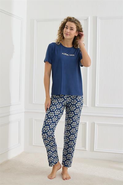 Kadın Çiçek Desenli Bisiklet Yaka Pijama Takım | Lacivert  30102-963