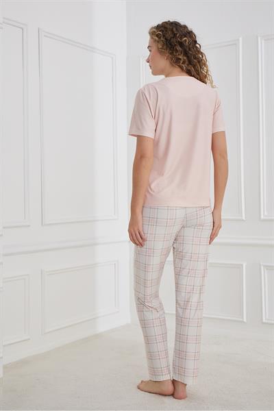 Kadın Ekose Desenli Bisiklet Yaka Pijama Takım | Pudra 30102-1285