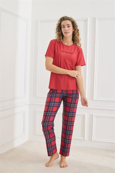Kadın Ekose Desenli Bisiklet Yaka Pijama Takım | Kırmızı 30102-598