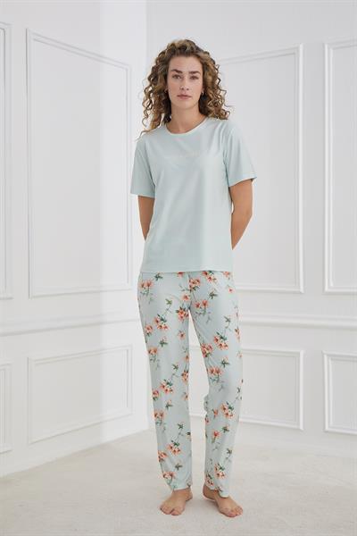 Kadın Çiçek Desenli Bisiklet Yaka Pijama Takım | Mint 30102-1286