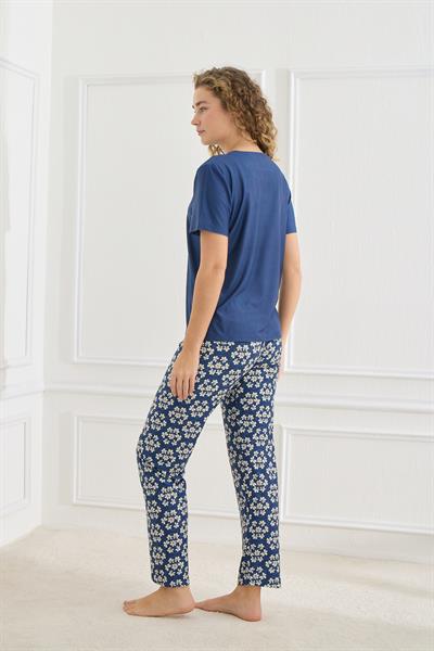 Kadın Çiçek Desenli Bisiklet Yaka Pijama Takım | Lacivert  30102-963