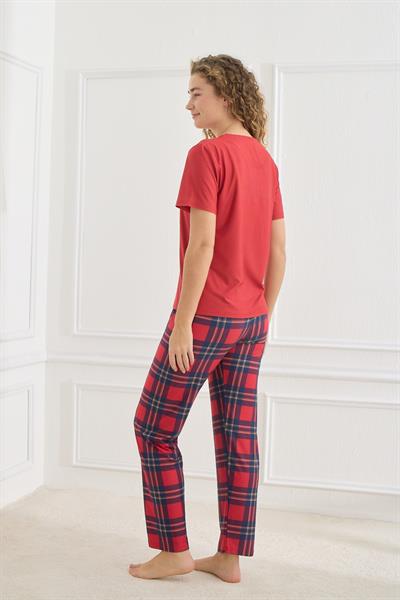 Kadın Ekose Desenli Bisiklet Yaka Pijama Takım | Kırmızı 30102-598