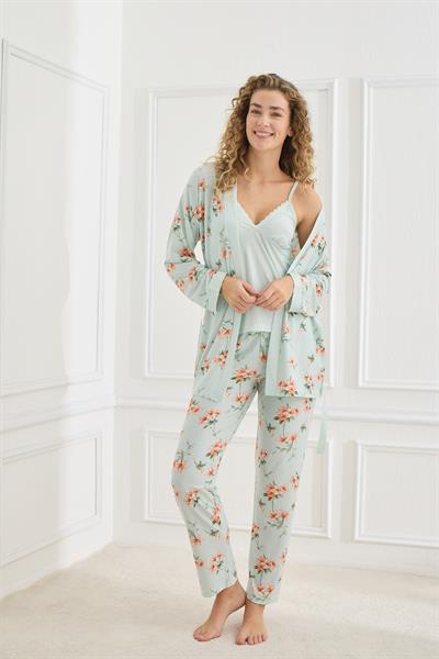 Kadın Çiçek Desenli İp Askılı Sabahlıklı 3lü Pijama Takım | Mint 30201-948