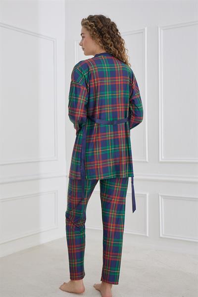 Kadın Ekose Desenli İp Askılı Sabahlıklı 3lü Pijama Takım | Lacivert 30201-966
