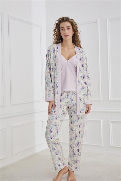 Kadın Çiçek Desenli İp Askılı Sabahlıklı 3lü Pijama Takım | Lila 30201-954