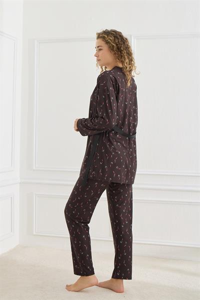 Kadın Desenli İp Askılı Sabahlıklı 3lü Pijama Takım | Siyah 30201-952