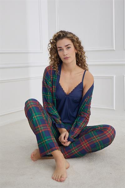 Kadın Ekose Desenli İp Askılı Sabahlıklı 3lü Pijama Takım | Lacivert 30201-966